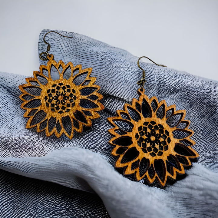 Earrings Wood Sunflower Dangle Drop