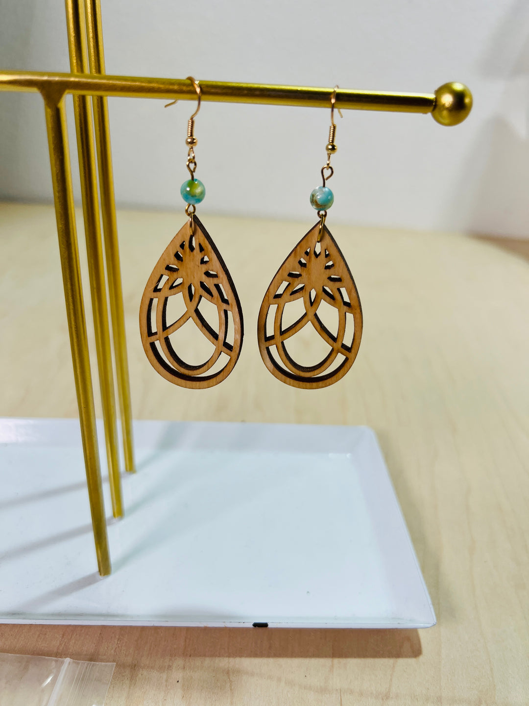 Earrings Wood Filagree Pattern Wood Tear Drop Dangle Vermeil