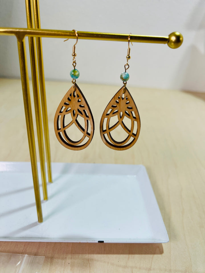 Earrings Wood Filagree Pattern Wood Tear Drop Dangle Vermeil