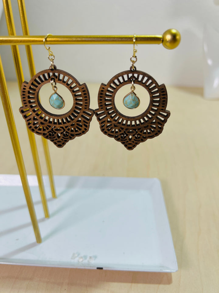 Earrings Wooden Lacy Modern with Turquoise Dangle Drop Sterling Silver Ear Wire/Hook 925