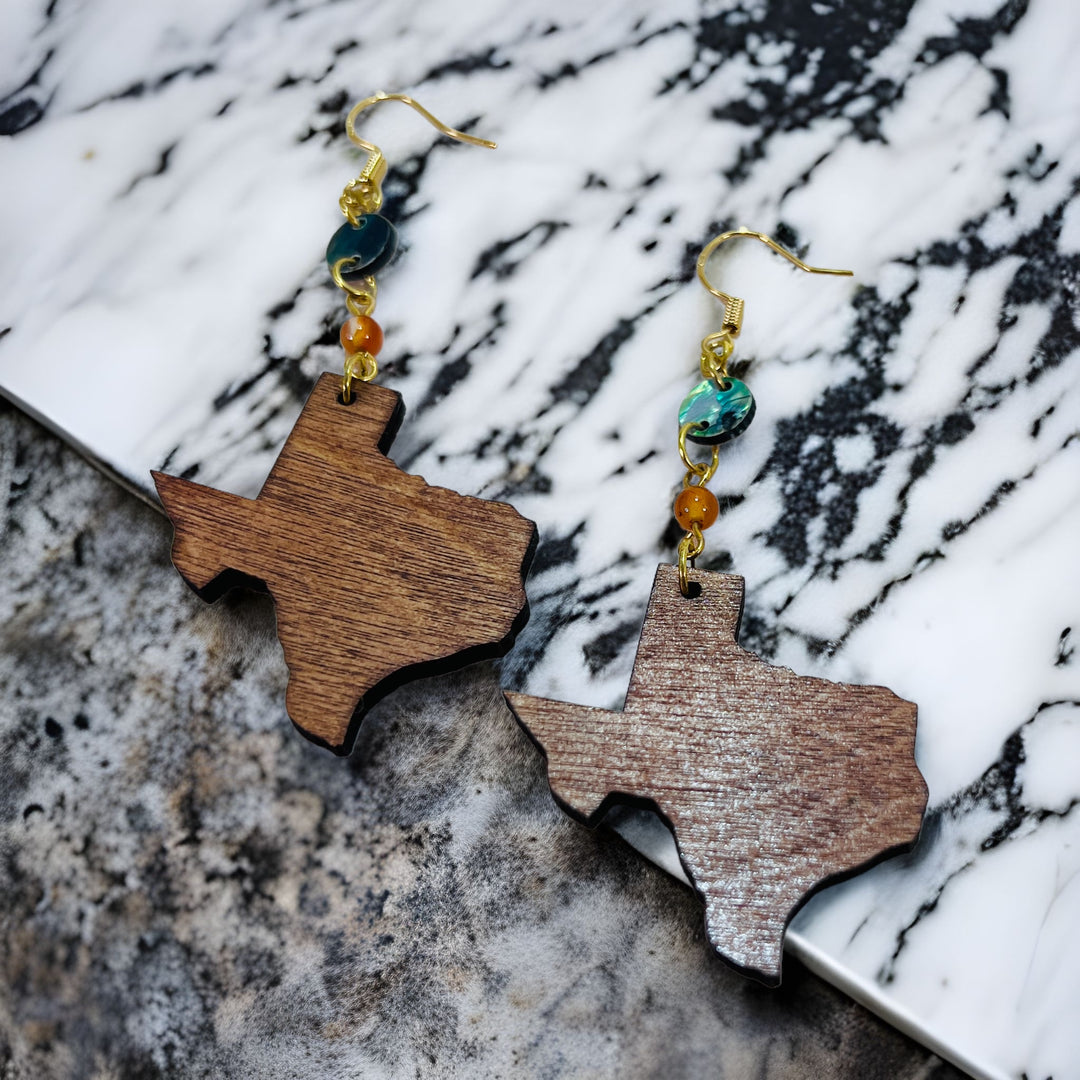 Earrings Wood State of Texas with Bead Dangle Drop