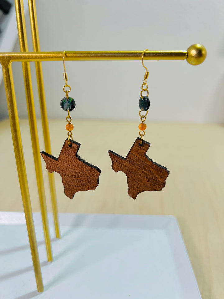 Earrings Wood State of Texas with Bead Dangle Drop