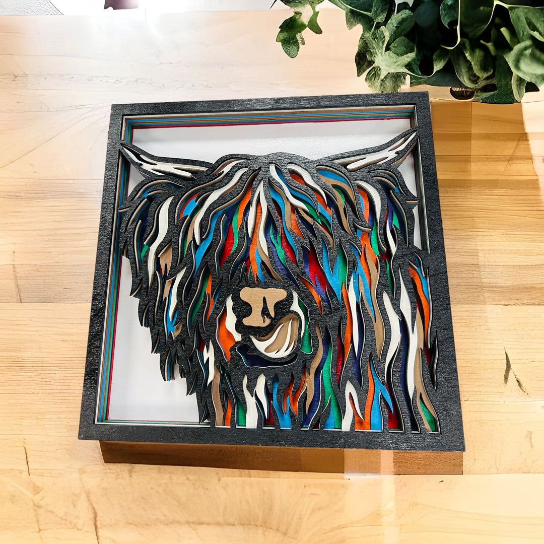 Wall Decoration Highland Cow Colorful Layer Wood Art 3D Art Multi-Layer Wood Art