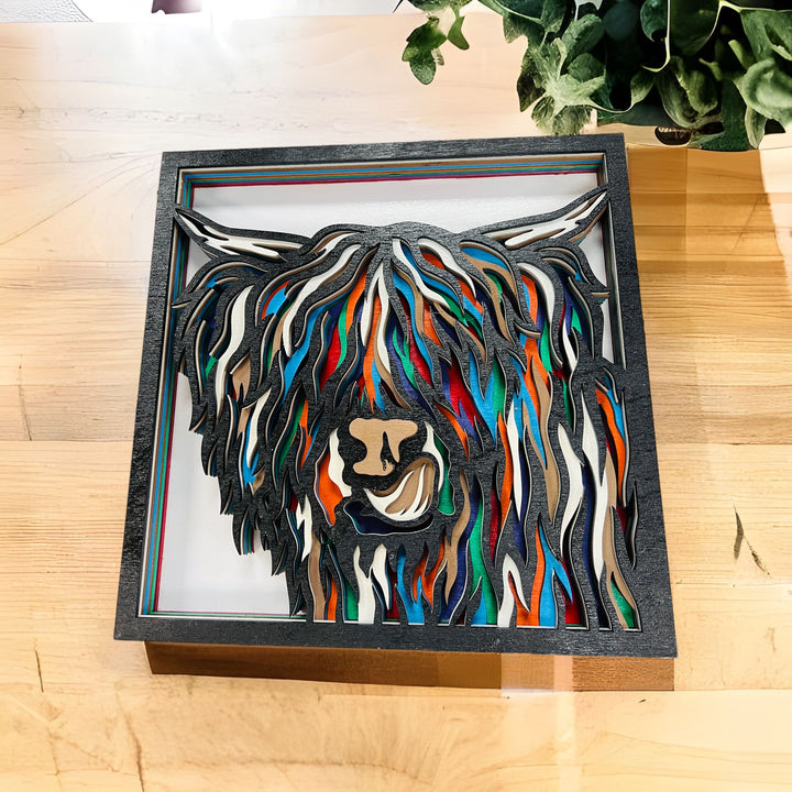 Wall Decoration Highland Cow Colorful Layer Wood Art 3D Art Multi-Layer Wood Art