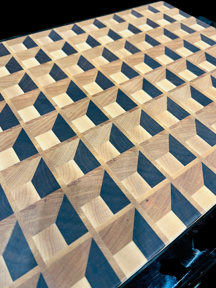 Cutting Board 3D Box Walnut, Cherry & Maple Chopping Block 3D Effect Thick End Grain Medium