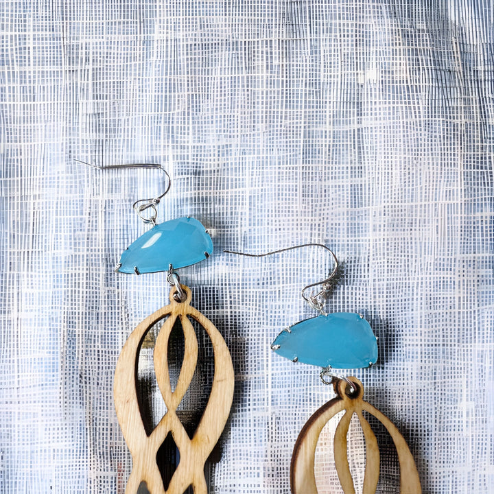 Earrings Wood with Blue Glass Dangle Drop