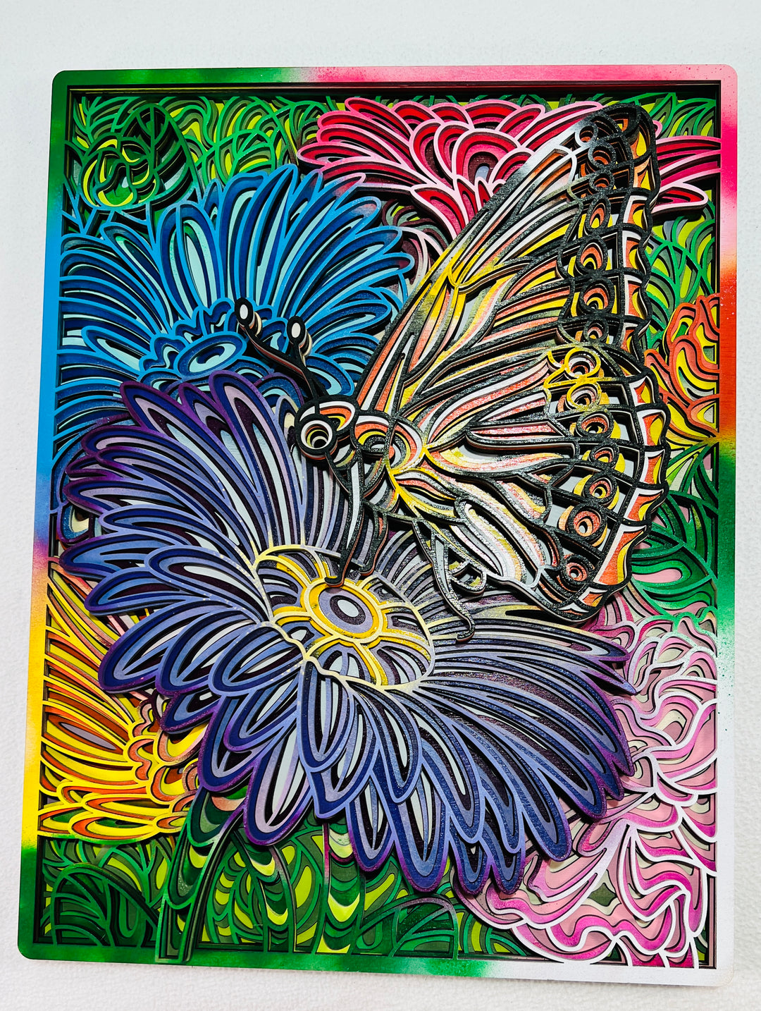 Wall Decoration Butterfly On Flowers Layer Wood Art Mandala 3D Art Multilayer Art Home Decor