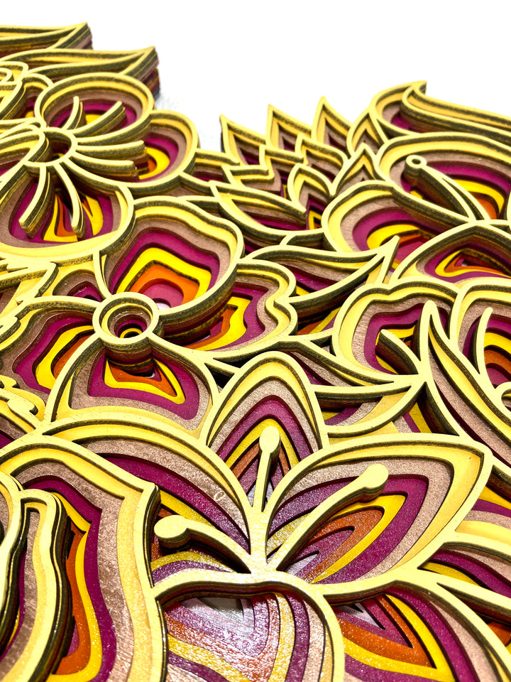 Wall Decoration Heart Pink Yellow Floral Flower Layer Wood Art Mandala 3D Art Multilayer Art