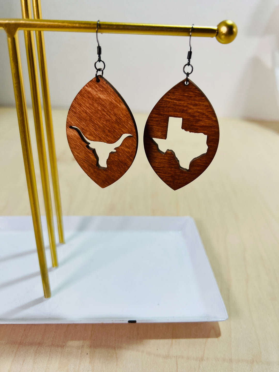 Earrings Wood State of Texas Longhorn Cutout Dangle Drop