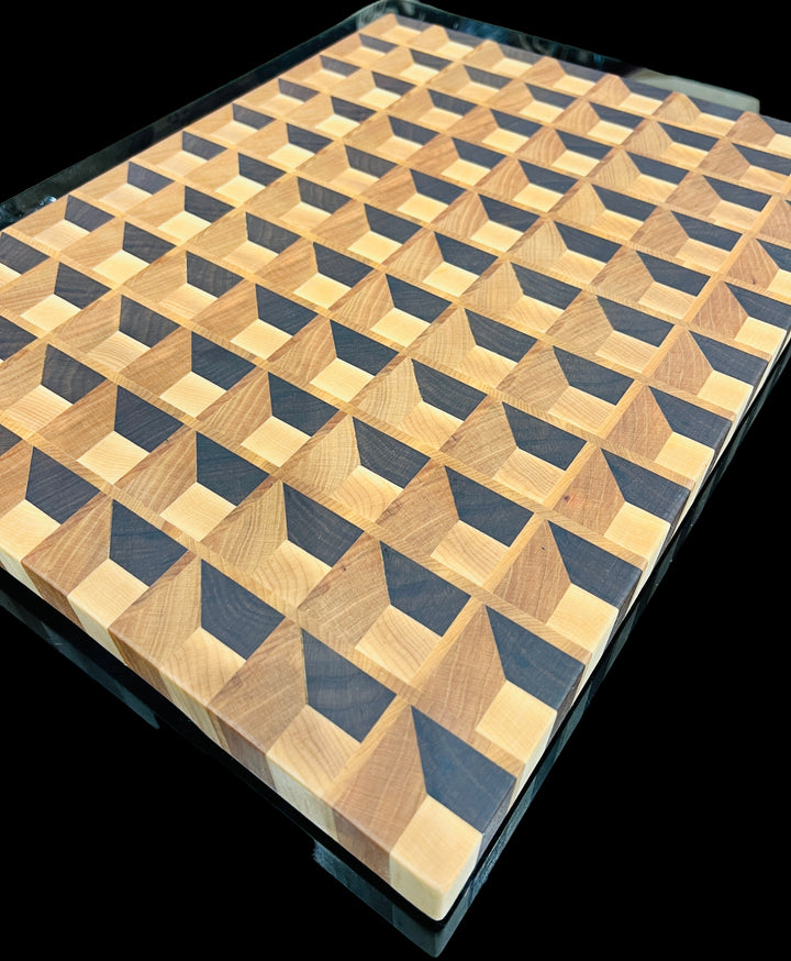 Cutting Board 3D Box Walnut, Cherry & Maple Chopping Block 3D Effect Thick End Grain Medium