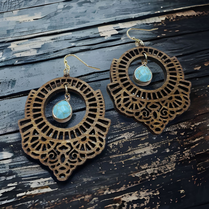 Earrings Wooden Lacy Modern with Turquoise Dangle Drop Sterling Silver Ear Wire/Hook 925