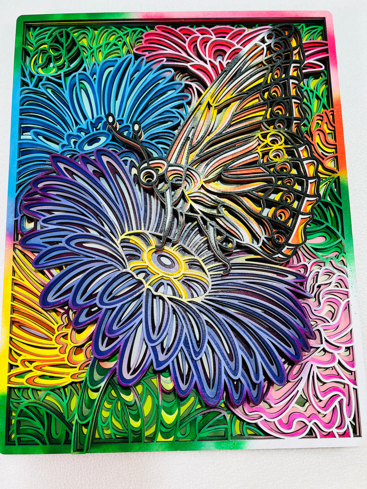 Wall Decoration Butterfly On Flowers Layer Wood Art Mandala 3D Art Multilayer Art Home Decor