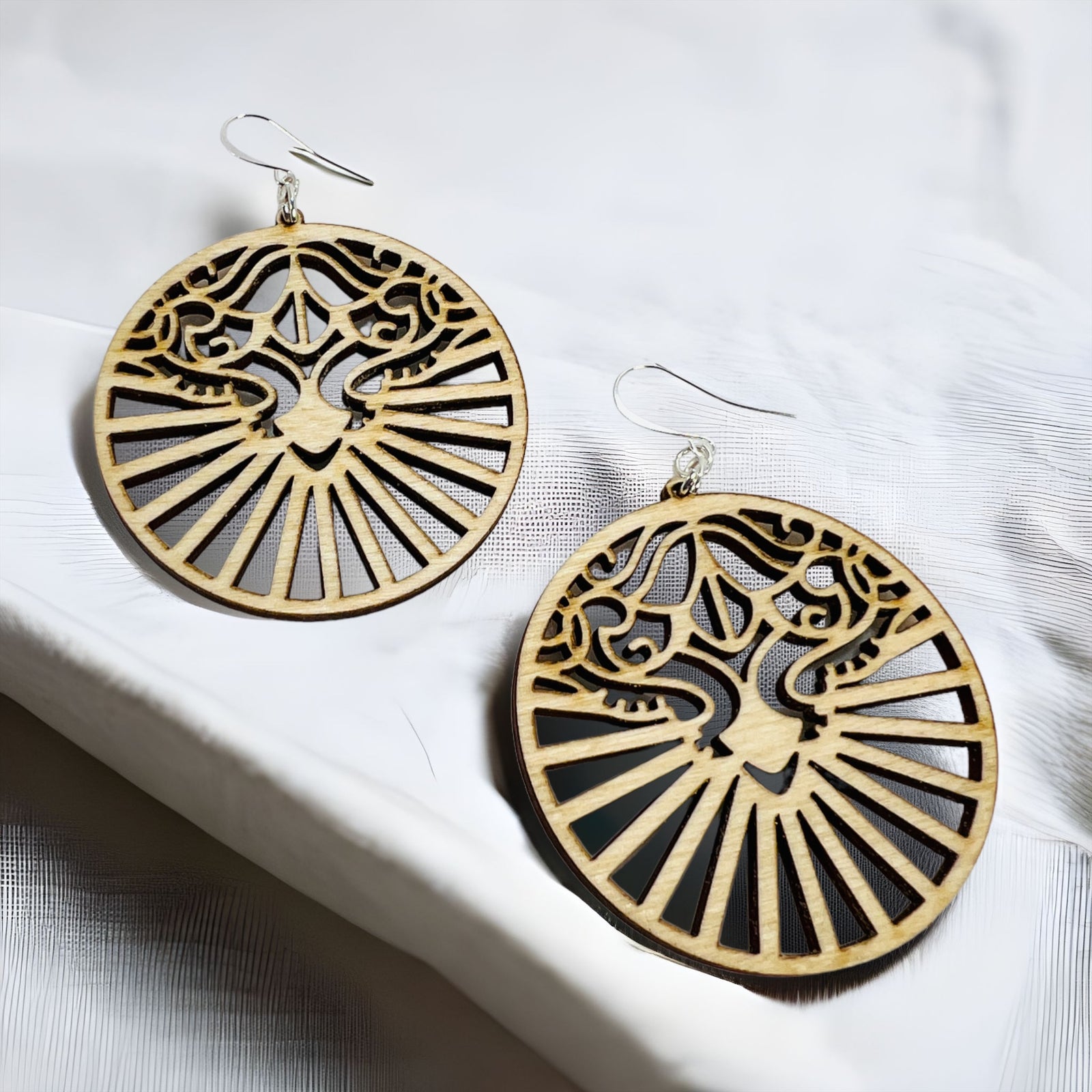 Earrings Wood Filigree Pattern Round Circle Dangle Drop