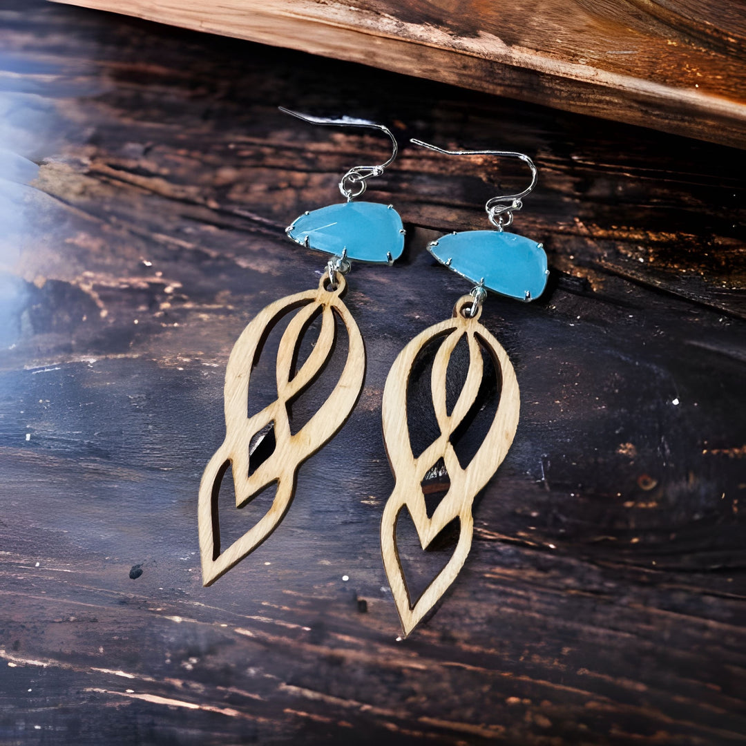 Earrings Wood with Blue Glass Dangle Drop