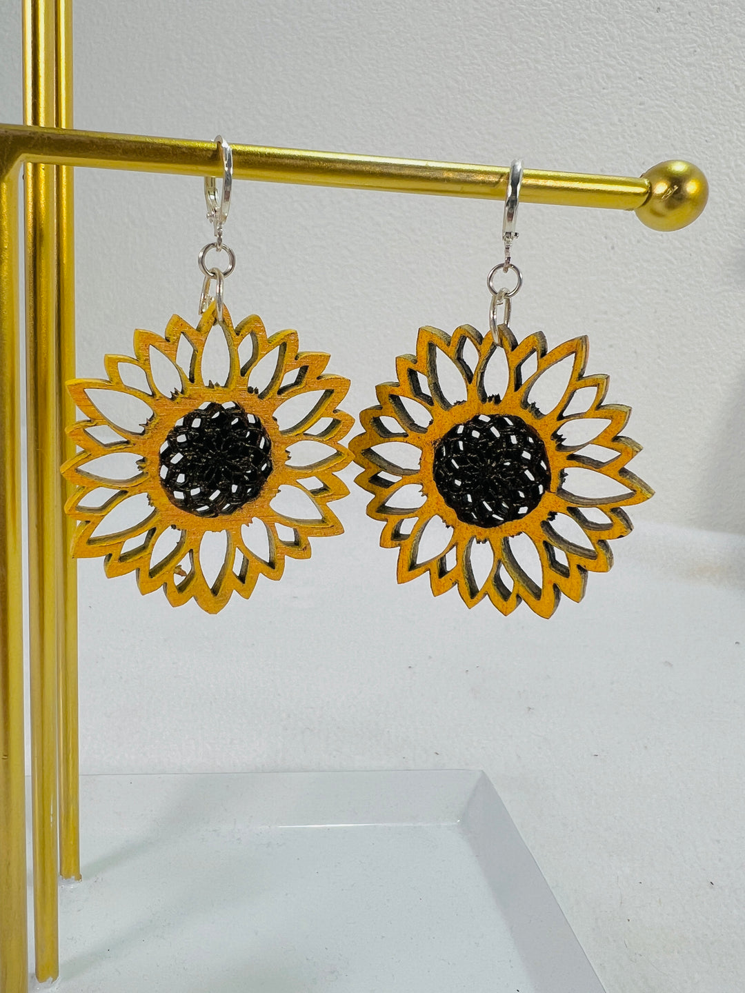 Earrings Wood Sunflower Dangle Drop