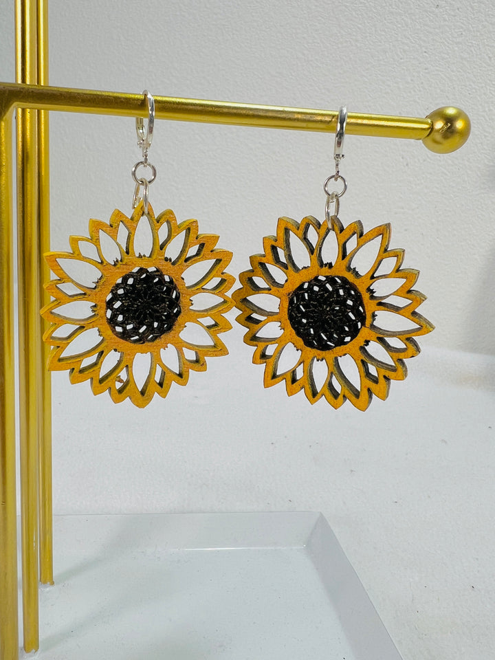 Earrings Wood Sunflower Dangle Drop