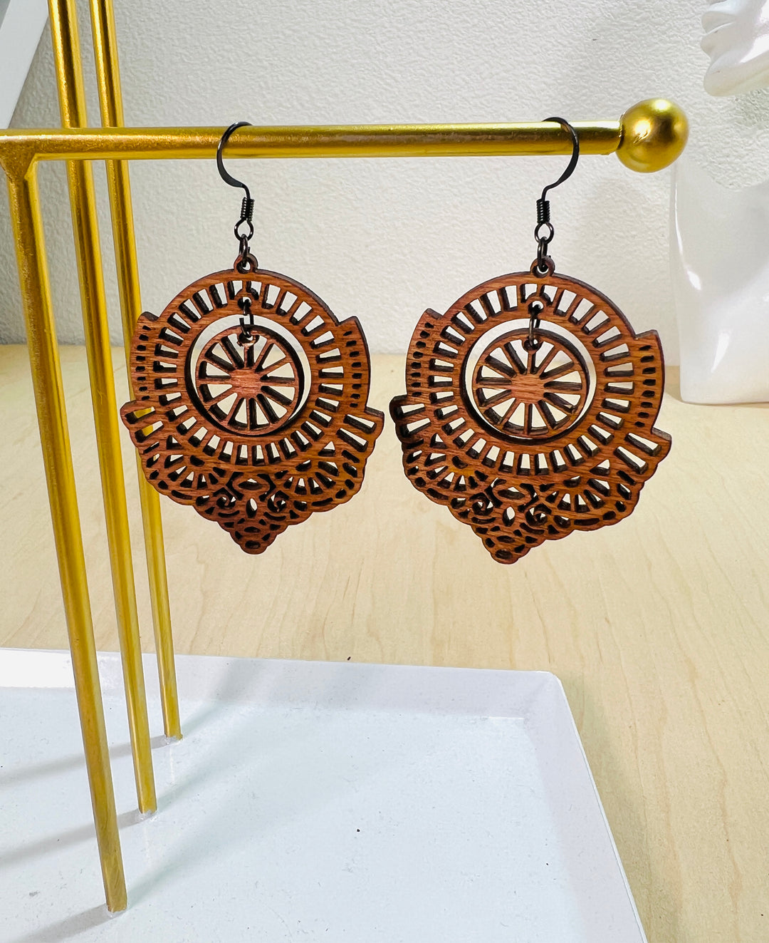 Earrings Wooden Lacy Modern with Turquoise Dangle Drop Sterling Silver Ear Wire/Hook 925