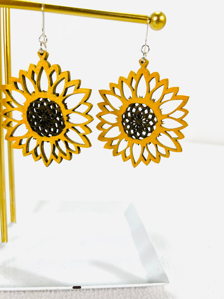 Earrings Wood Sunflower Dangle Drop