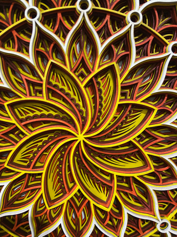 Wall Decoration Round Circle Mandala 3D Yellow Orange Red Art Multilayer Wood Art 2400