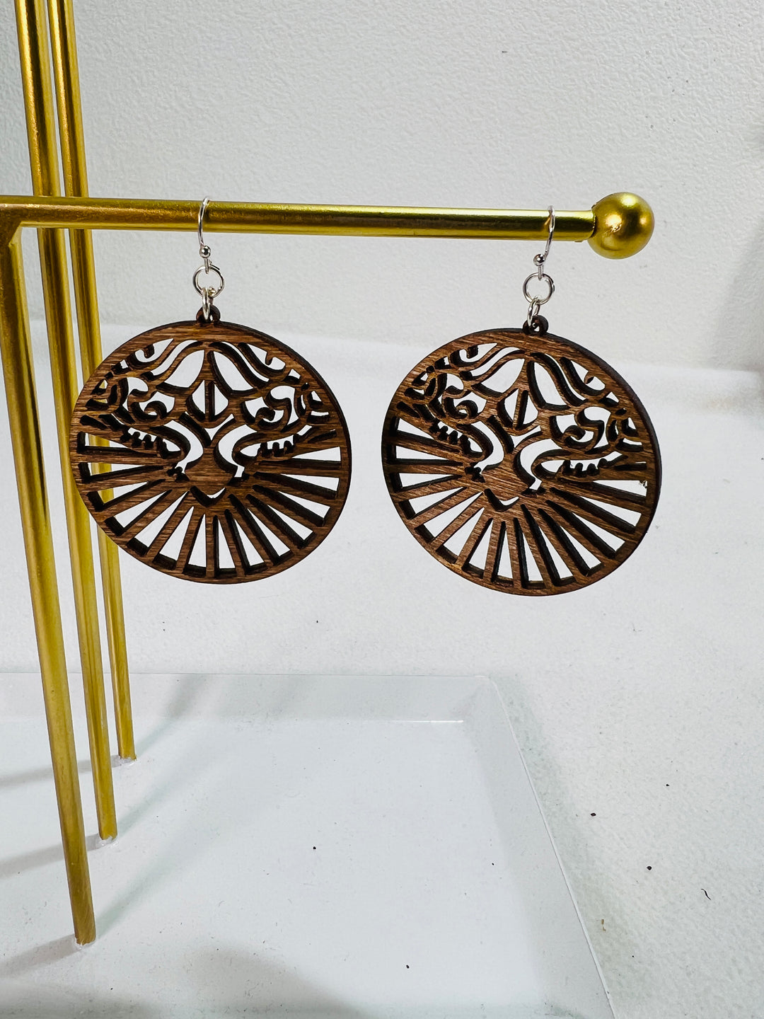 Earrings Wood Filigree Pattern Round Circle Dangle Drop