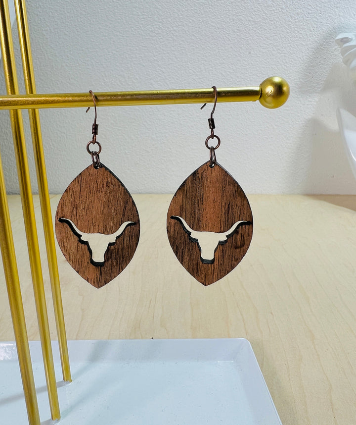 Earrings Wood Spalted Pecan Longhorn Dangle Drop