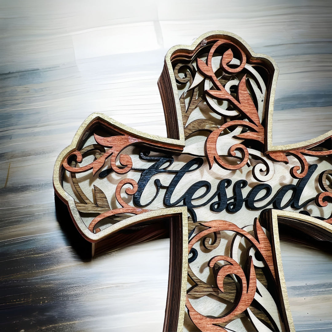 Wall Decoration Cross "Blessed" Mandala 3D Multilayer Wood Art 2331