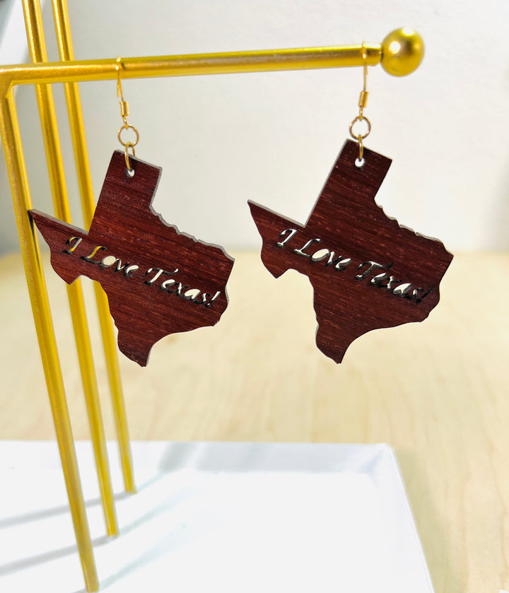 Earrings Wood Padauk State of Texas Engraved Dangle Drop Sterling Silver 925 Vermeil